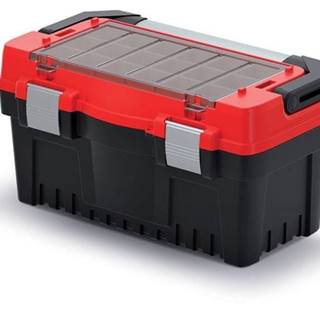 Prosperplast Kufrík na náradie s kovovou rukoväťou,  kovovými zámkami a vonkajšou priehradkou s boxmi EVO čierno-červený
