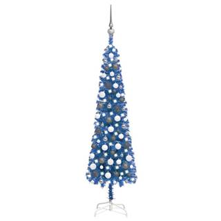 Vidaxl Úzky vianočný stromček s LED a sadou gulí modrý 120 cm